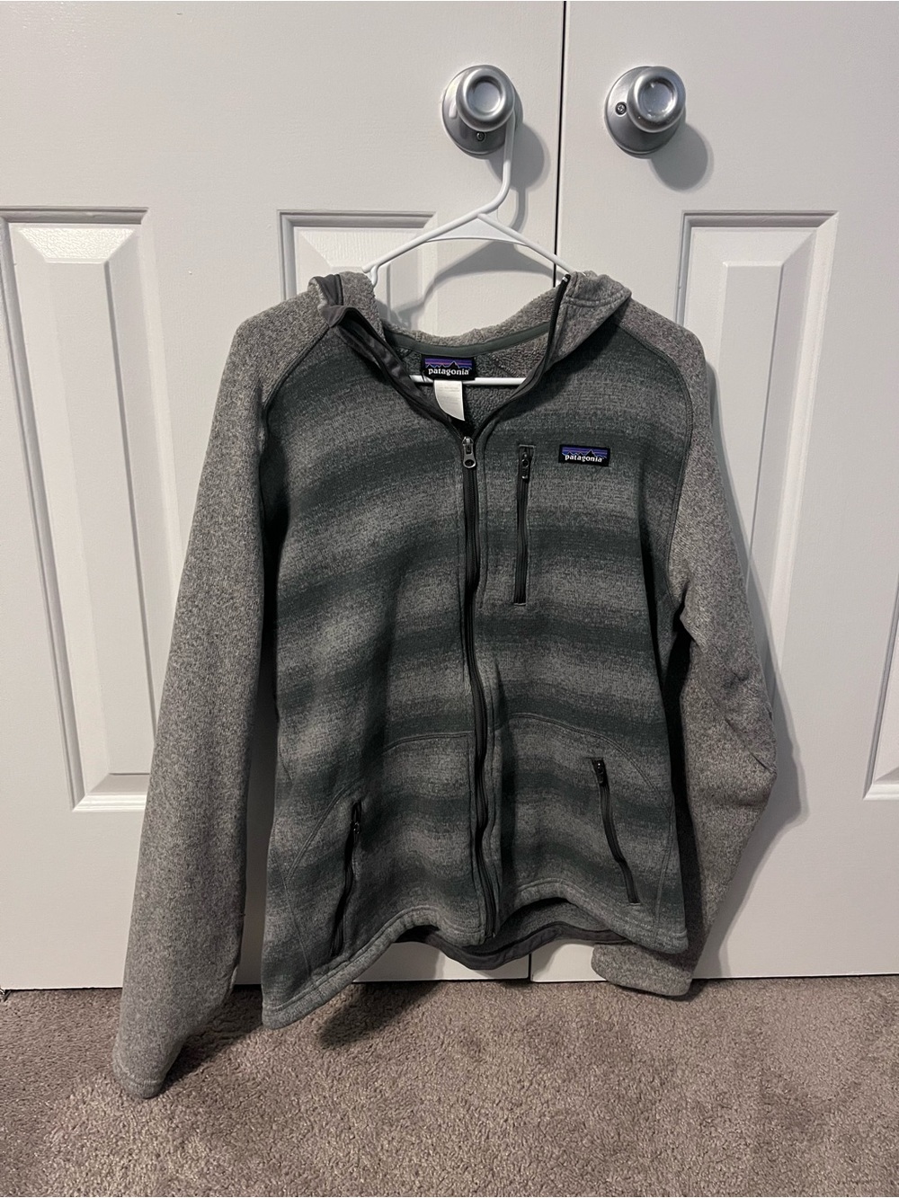 Gray striped Hooded Patagonia Men’s Large  Better Sweater Full Zip Fleece